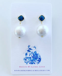 Blue Sapphire Stone and Pearl Earrings - Ginger jar