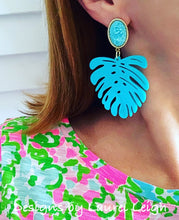 Load image into Gallery viewer, Monstera Tropical Palm Leaf Statement Earrings - Turquoise &amp; Gold Cameo - Designs by Laurel Leigh