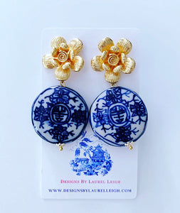 Blue and White Chinoiserie Coin Earrings with Gold Floral Posts - Ginger jar