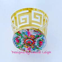 Load image into Gallery viewer, Rose Medallion Watercolor Plate Gold Greek Key Napkin Rings - Set of 4 - Ginger jar