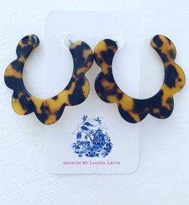 Tortoise Shell Earrings - Scalloped Hoops - Brown or Pearl - Designs by Laurel Leigh