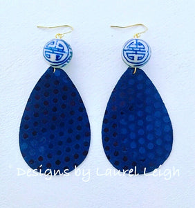 Blue and White Chinoiserie Leather Polka Dot Statement Earrings - Navy - Designs by Laurel Leigh