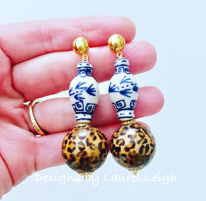Chinoiserie Leopard Ginger Jar Earrings - Chinoiserie jewelry