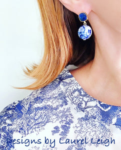 Blue and White Chinoiserie Orchid & Sapphire Earrings - Ginger jar