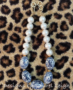 Blue and White Chinoiserie Chunky Pearl Statement Necklace - Ginger jar