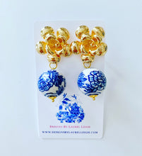 Load image into Gallery viewer, A pair of Blue and White Chinoiserie Peony Bead Earrings with gold floral posts