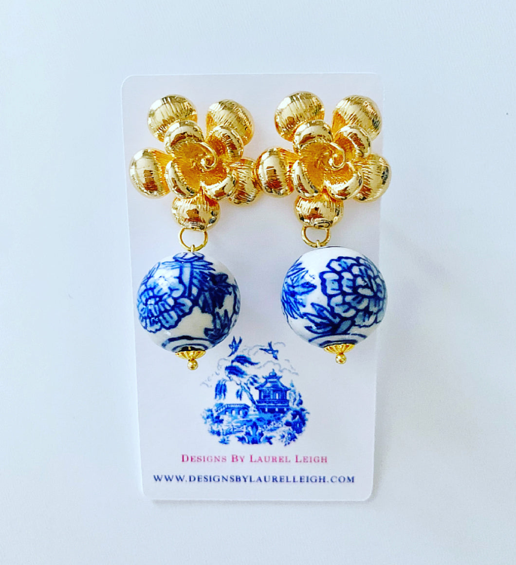Blue and White Chinoiserie Peony Earrings - Ginger jar
