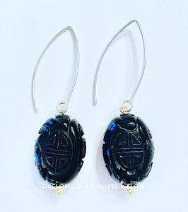 Black Chinoiserie Oval Drop Earrings - Chinoiserie jewelry