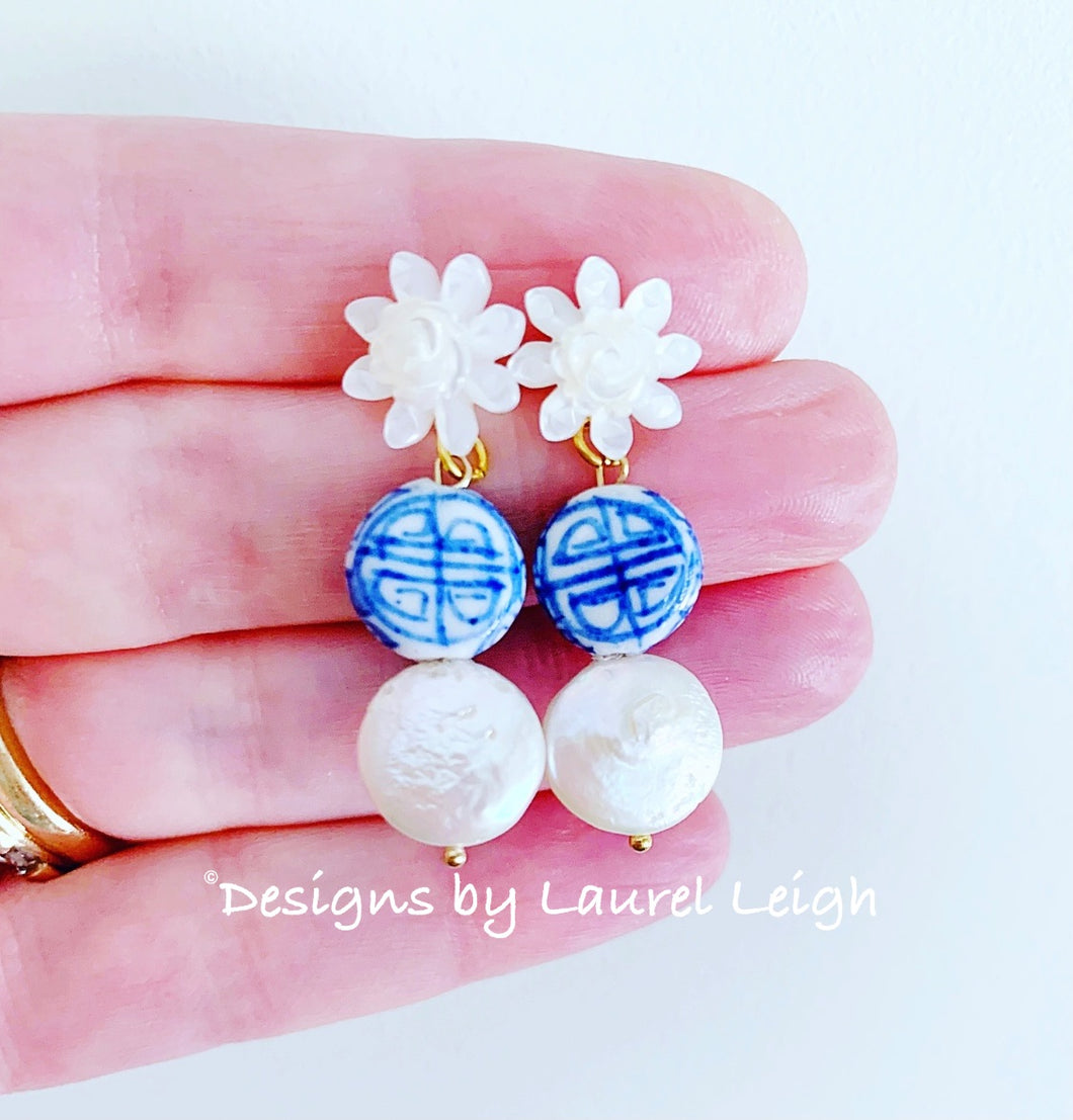 Chinoiserie Blue & White Coin Pearl Earrings - Chinoiserie jewelry