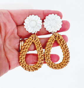 White Sunflower & Rattan Drop Earrings - Chinoiserie jewelry