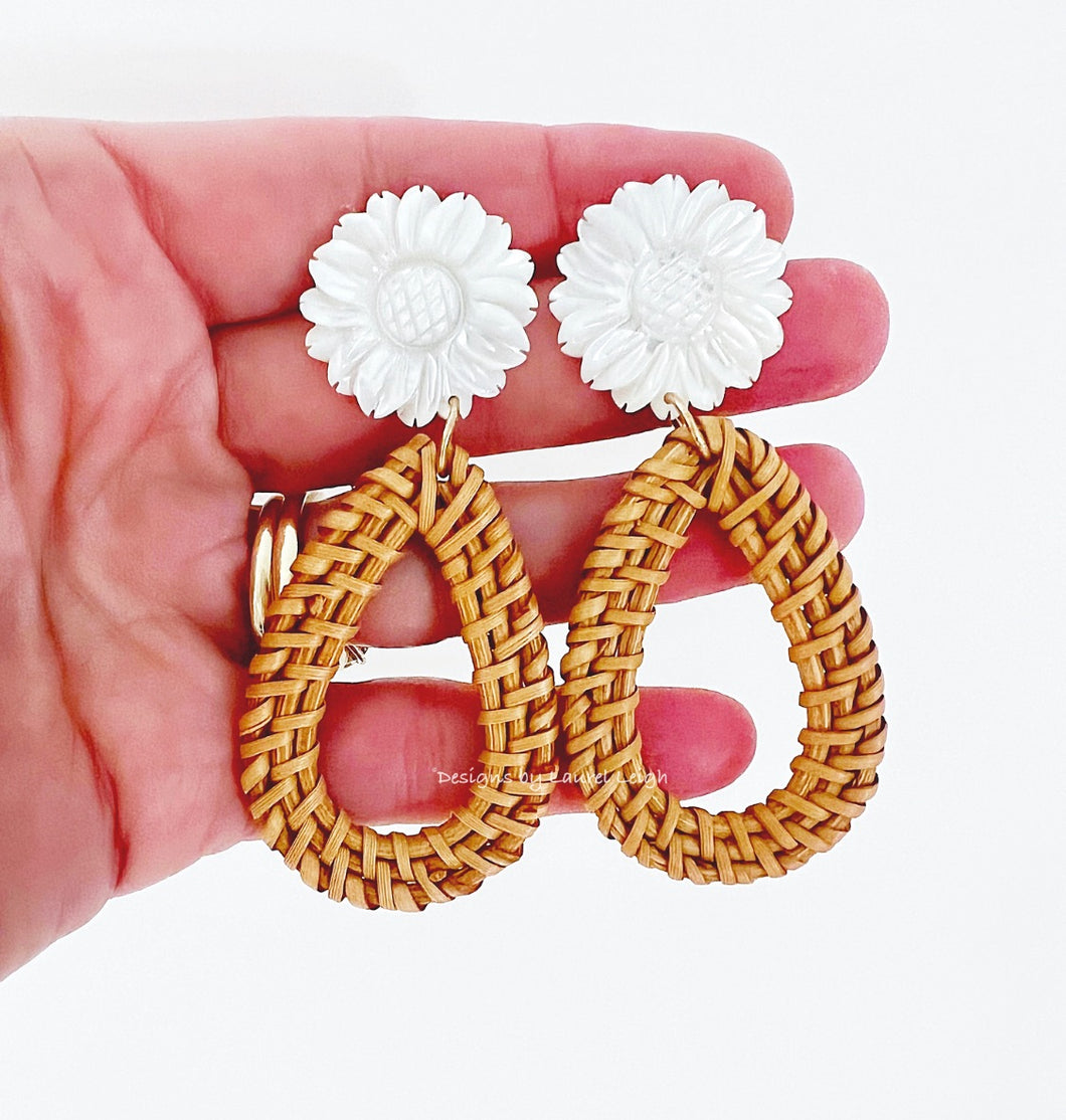 White Sunflower & Rattan Drop Earrings - Chinoiserie jewelry