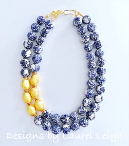 Blue & White Floral Chinoiserie Double-Strand Statement Necklace - Orchid Flower - Ginger jar