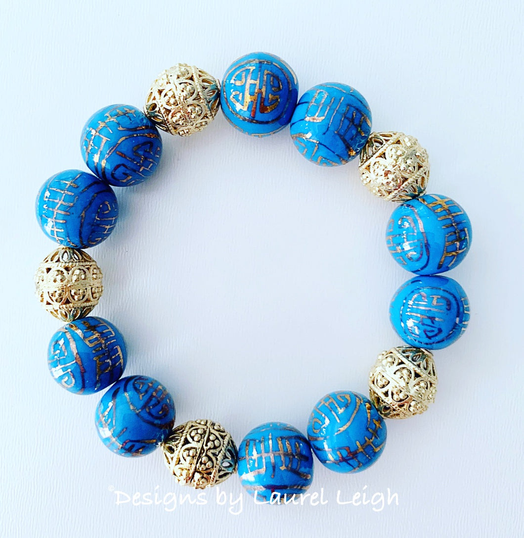Hydrangea Blue & Gold Filigree Chinoiserie Bracelet - Chinoiserie jewelry
