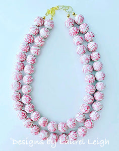 Peony Pink and White Floral Chinoiserie Double Strand Statement Necklace - Ginger jar