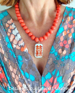 Orange & White Chinoiserie Double Happiness Pendant Statement Necklace - Ginger jar