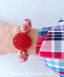 Chinoiserie Red Peony & Cinnabar Bracelet - Chinoiserie jewelry