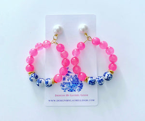 Chinoiserie Beaded Hoops - Cotton Candy Pink w/ Pearl Posts - Ginger jar