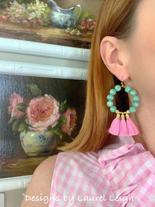 Chinoiserie Beaded Tassel Hoop Earrings - Light Pink & Green - Ginger jar