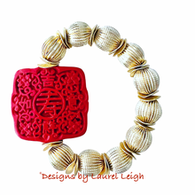 Load image into Gallery viewer, Chinoiserie Red Cinnabar Gold Bead Bracelet - Chinoiserie jewelry