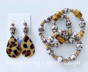 Chinoiserie Leopard Print Leather Earrings - Brown Ginger Jar - Ginger jar