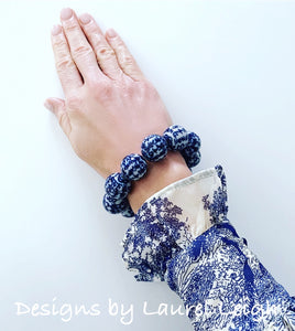 Chunky Blue and White Chinoiserie Floral/Chinese Symbol Beaded Statement Bracelet - Ginger jar