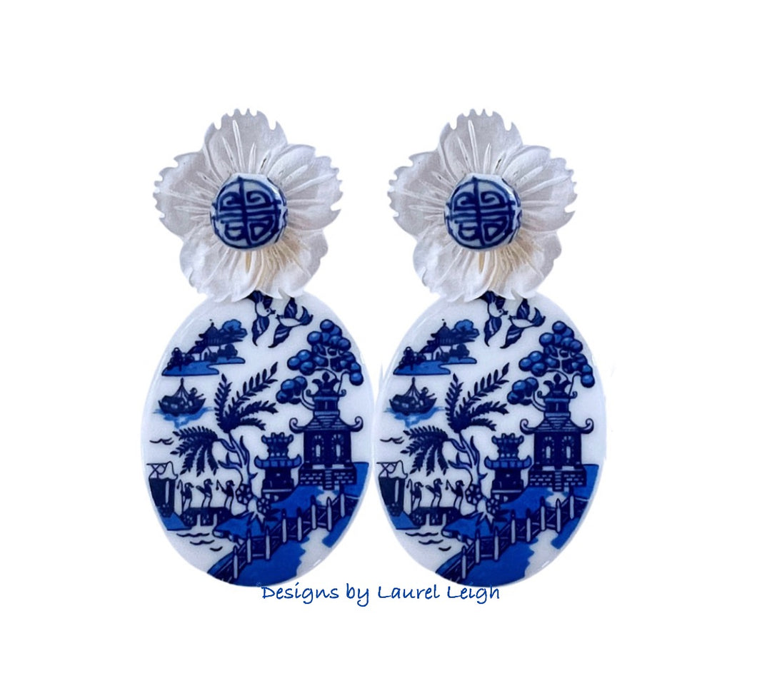 Blue Willow Pearl Chinoiserie Flower Earrings - Chinoiserie jewelry