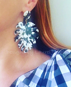 Monstera Black & White Tortoise Shell Palm Leaf Statement Earrings - Designs by Laurel Leigh