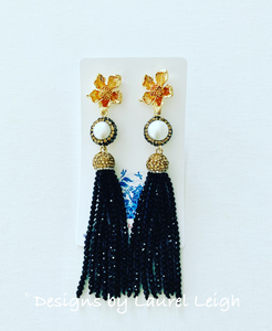 Dressy Floral and Pearl Beaded Tassel Statement Earrings - Gold/Black Or Gold/Silver - Designs by Laurel Leigh