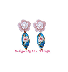 Dainty Turquoise Cloisonné Floral Earrings - Chinoiserie jewelry