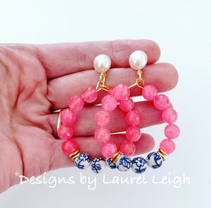 Chinoiserie Beaded Hoops - Cotton Candy Pink w/ Pearl Posts - Ginger jar