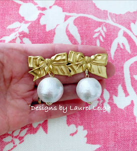 Gold Vintage Bow & Jumbo Pearl Drop Earrings - Ginger jar