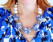 Load image into Gallery viewer, Blue and White Chinoiserie Chunky Pearl Statement Necklace - Ginger jar