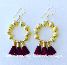 Load image into Gallery viewer, Gold Beaded Hoop Tassel Earrings - Red, Orange, Merlot - Designs by Laurel Leigh