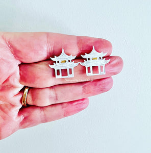 Dainty Mother of Pearl Pagoda Stud Earrings - Chinoiserie jewelry