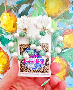 Green Chinoiserie Floral Pearl Hoops - Chinoiserie jewelry
