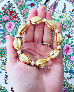 Gold Oval Bead & Pearl Bracelet - Chinoiserie jewelry