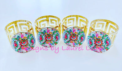 Rose Medallion Watercolor Plate Gold Greek Key Napkin Rings - Set of 4 - Ginger jar