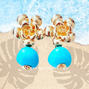 Gold Floral Turquoise Nugget Earrings - Chinoiserie jewelry