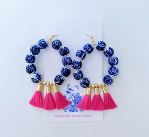 Chinoiserie Beaded Tassel Hoop Earrings - Hot Pink or Light Pink - Designs by Laurel Leigh