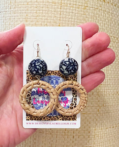 Chinoiserie Rattan Double Happiness Earrings - Natural or Brown - Chinoiserie jewelry