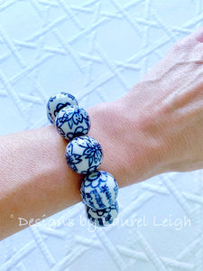Chunky Blue and White Chinoiserie Floral/Chinese Symbol Beaded Statement Bracelet - Ginger jar