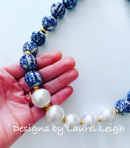 Chunky Blue and White Chinoiserie Jumbo Pearl Floral Statement Necklace - Ginger jar