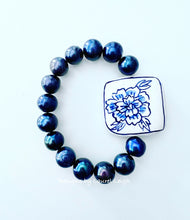 Load image into Gallery viewer, Peacock Pearl &amp; Chinoiserie Peony Bracelet - Chinoiserie jewelry