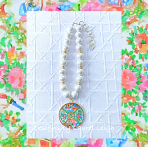 Rose Medallion Chinoiserie Pendant Necklace - Chunky Pearls - Ginger jar