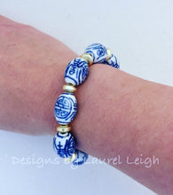 Load image into Gallery viewer, Blue and White Chinoiserie Vintage Barrel Bead Statement Bracelet - Designs by Laurel Leigh