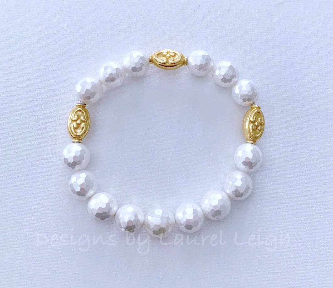 Mother of Pearl and Gold Bead Statement Bracelet - Designs by Laurel Leigh