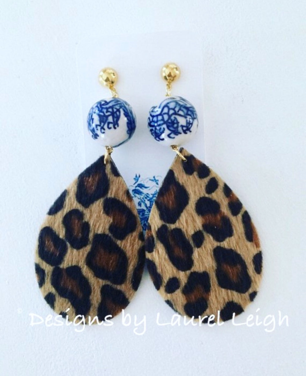 Chinoiserie FAUX Leather Leopard Print Statement Earrings - Designs by Laurel Leigh
