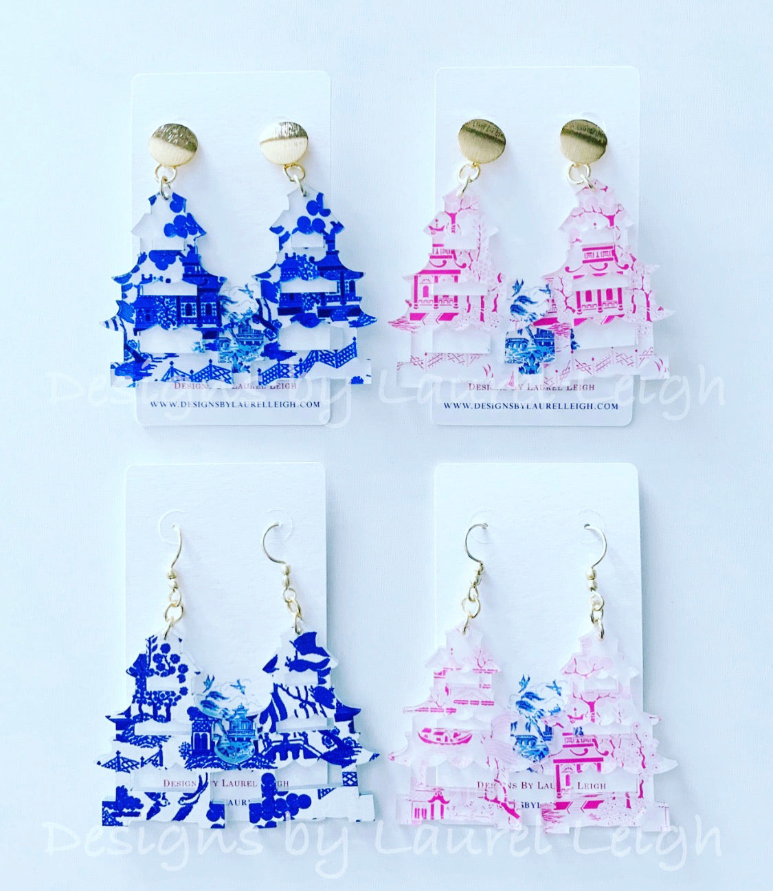 Pagoda Chinoiserie Earrings - Pink Willow or Blue Willow