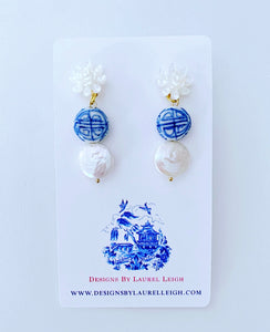 Chinoiserie Blue & White Coin Pearl Earrings - Chinoiserie jewelry