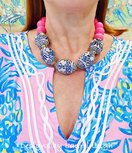 Blue and White Chinoiserie Chunky Statement Necklace - Bright Bubblegum Pink - Ginger jar